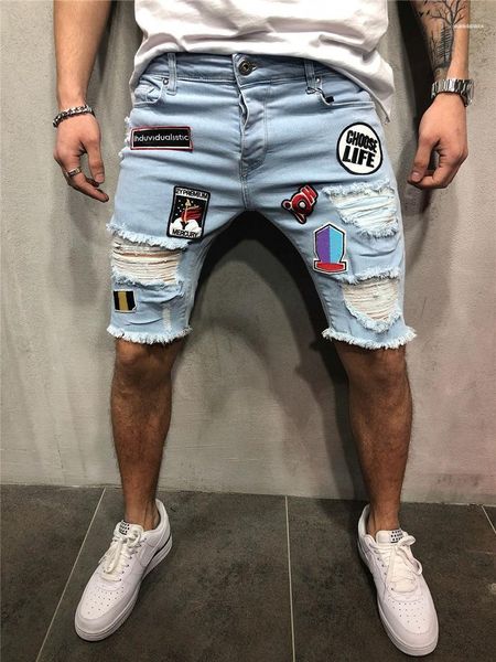 

jeans shorts casual hemme loose burrs shorts geometric applique man summer shorts zipper fly holes man, White;black