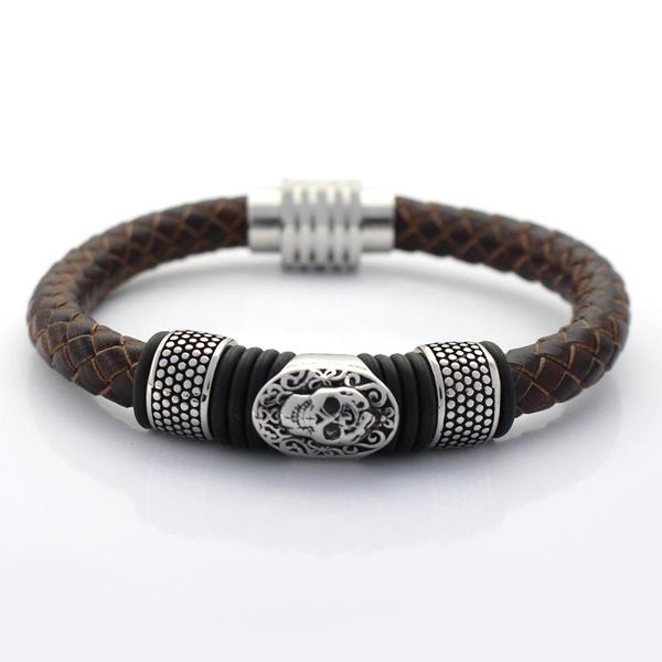 men bangles 8mm genuine braided leather bracelet never fade 316 stainless steel skull charms bead bracelets with magnet clasp, Golden;silver 
men bangles 8mm genuine braided leather bracelet never fade 316 stainless steel skull charms bead bracelets with magnet clasp, Golden;silver