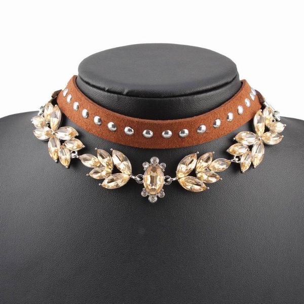 new handmade brand crystal necklace leaf pendant leather chain bib multilayers statement choker necklace for women, Golden;silver