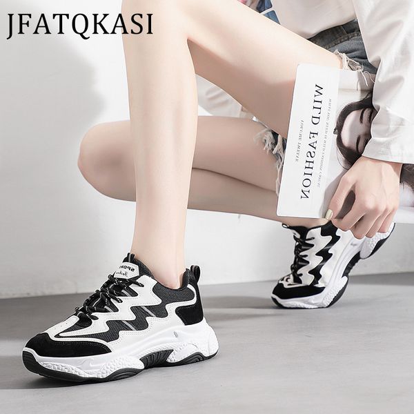 women sneakers spring spell colour casual sport shoes autumn platform woman flats lace up plus size female daddy shoes 2020 new, Black