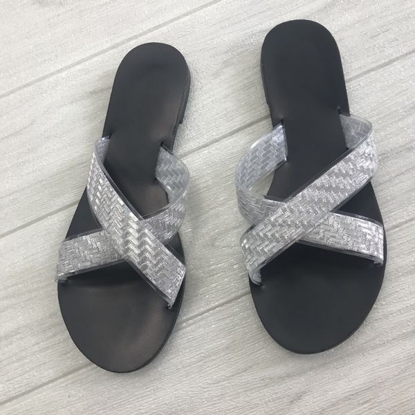 2020 new summer flashing glitter flat bottom cross belt fashion women's sandals all-match beach shoes, Black
2020 new summer flashing glitter flat bottom cross belt fashion women's sandals all-match beach shoes, Black