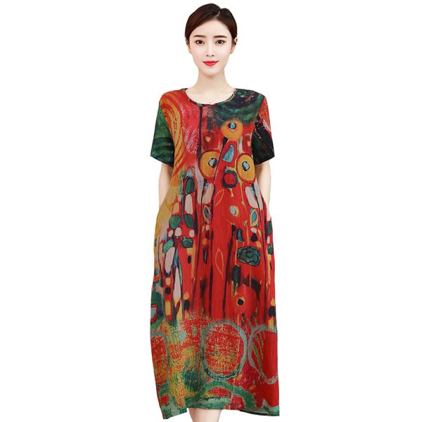 casual dresses 2021 summer long dress women short sleeve o-neck vintage print loose a-line plus size elegant, Black;gray 
casual dresses 2021 summer long dress women short sleeve o-neck vintage print loose a-line plus size elegant, Black;gray