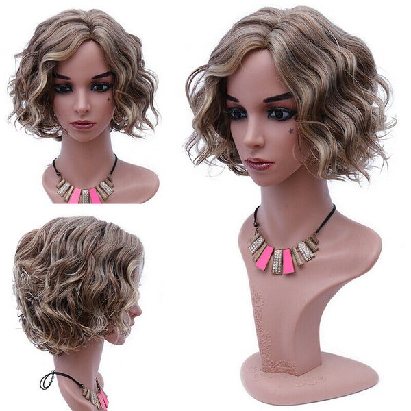 brown blonde short curly wavy curly hair synthetic fashion women full wig daily, Black
