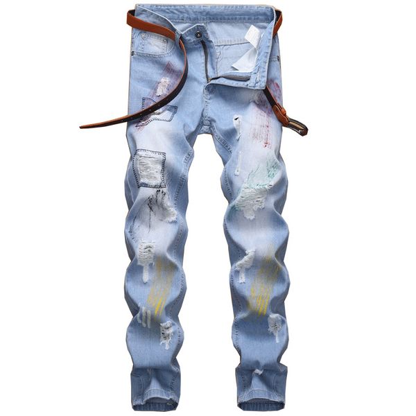 men's jeans hole ripped straight colored trendy fashion patch design stretch denim biker light blue long trousers #2037-1
men's jeans hole ripped straight colored trendy fashion patch design stretch denim biker light blue long trousers #2037-1