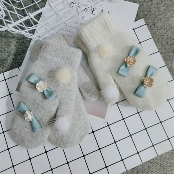 five fingers gloves women winter wool solid knit mittens, Blue;gray