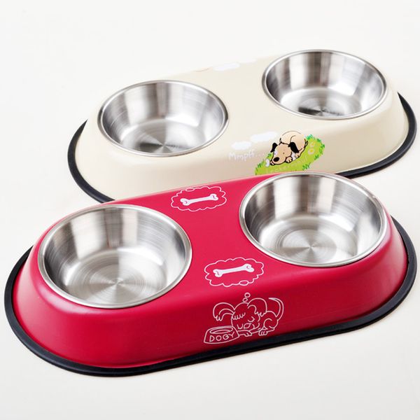 2pcs double pet bowl dog cat twin dish stainless steel water food feeder