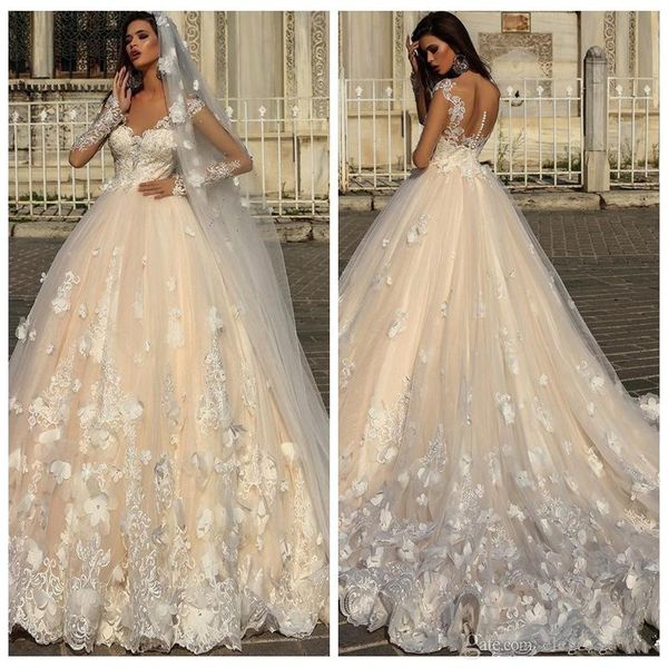 cap sheer long sleeves a line wedding dresses 3d floral adorned bridal gowns lace appliques garden vestidos de mariage chapel train aq198, White
cap sheer long sleeves a line wedding dresses 3d floral adorned bridal gowns lace appliques garden vestidos de mariage chapel train aq198, White