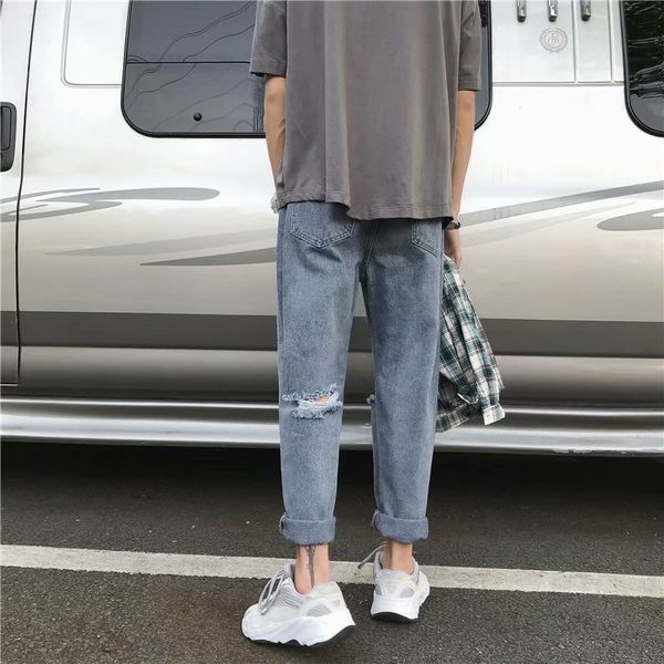 ripped jeans men's fashion washed solid color casual jean pants men streetwear wild loose hip hop denim trousers mens, Blue 
ripped jeans men's fashion washed solid color casual jean pants men streetwear wild loose hip hop denim trousers mens, Blue