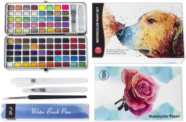 90 Colors Watercolor Paint Set- 50 Vibrant Colors 36 Glitter Metallic 4 Neon -3 Water Brush Pens-1 Paint Brush