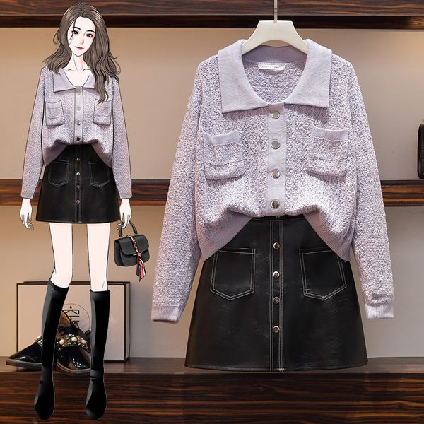 big yards new winter sweater pu leather skirt two pcs clothing set leisure suits outfit women knitwear lady, Gray
big yards new winter sweater pu leather skirt two pcs clothing set leisure suits outfit women knitwear lady, Gray