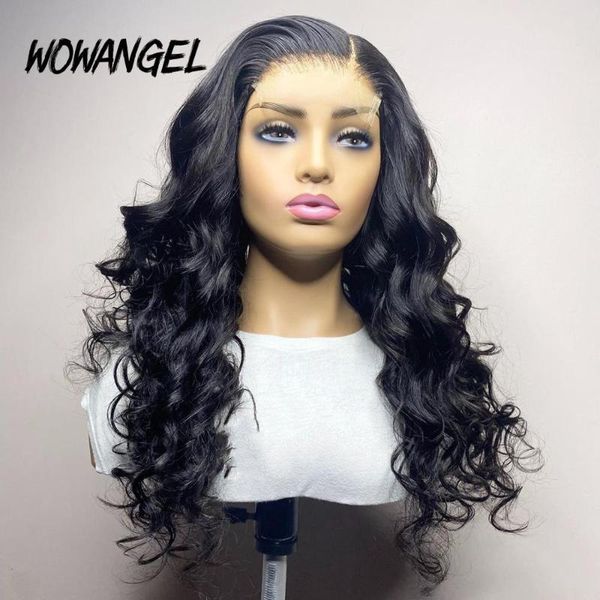 wowangel 4*4 closure lace front human hair wigs middle part with pre plucked 180% density brazilian remy hair for black woman, Black;brown