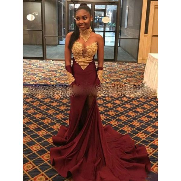 high neck mermaid prom dresses with gold appliques strapless lace up back side slit court train evening dress vestidos de festa, Black
high neck mermaid prom dresses with gold appliques strapless lace up back side slit court train evening dress vestidos de festa, Black