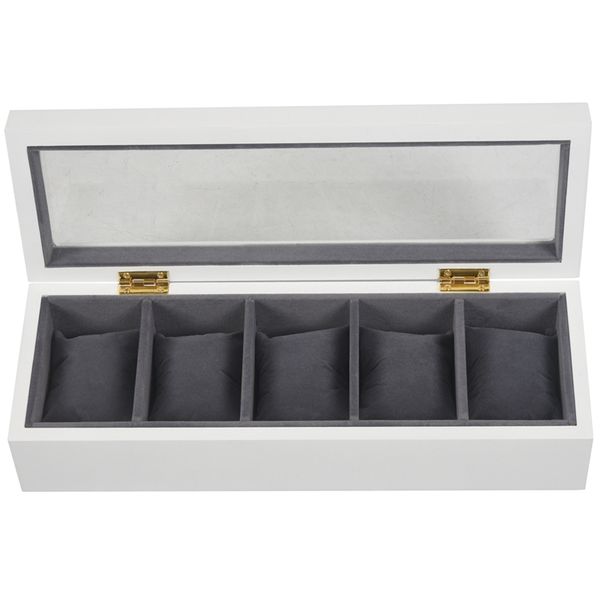 white wooden 5 slot watch box black flannel small pillow pad display watch storage box, Black;blue
white wooden 5 slot watch box black flannel small pillow pad display watch storage box, Black;blue