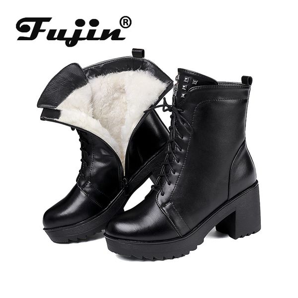 fujin new winter lace up mom shoes cotton shoes soft bottom middle aged leather women's boots thick heel non slip short boots, Black