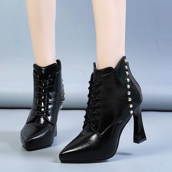 women fashion rivet high heels pointed toe ankle boots zipper lace up ladies patent leather shoes autumn winter booties, Black
women fashion rivet high heels pointed toe ankle boots zipper lace up ladies patent leather shoes autumn winter booties, Black