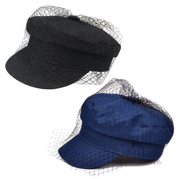 british style retro denim flat beret cap with mesh veil women girl sun protection visor button painter elegant navy hat, Blue;gray
british style retro denim flat beret cap with mesh veil women girl sun protection visor button painter elegant navy hat, Blue;gray