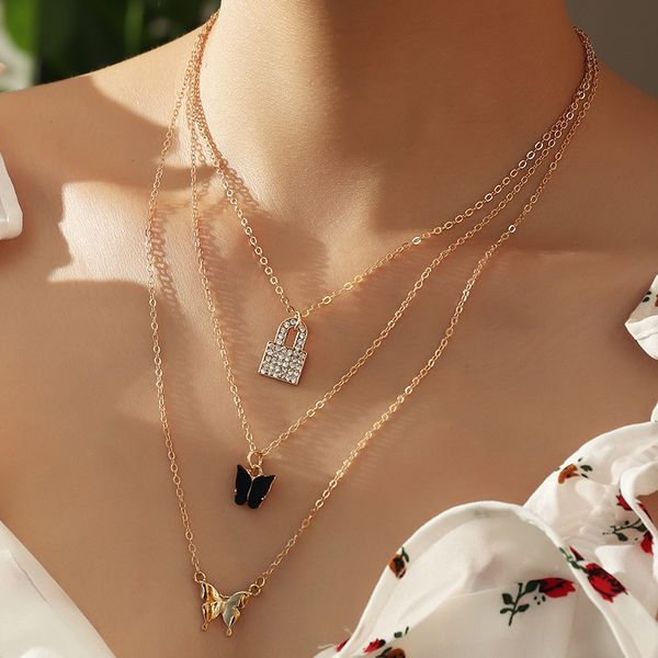 pendant necklaces fashion crystal lock butterfly necklace for women black acrylic multilayer clavicle chain jewelry, Silver
pendant necklaces fashion crystal lock butterfly necklace for women black acrylic multilayer clavicle chain jewelry, Silver