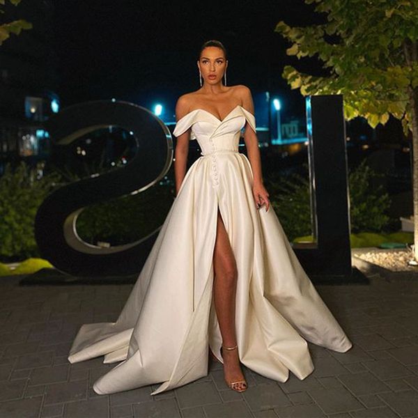 modern thigh high slits country wedding dresses off the shoulder pleat satin skirt sweep train bridal gowns, White
modern thigh high slits country wedding dresses off the shoulder pleat satin skirt sweep train bridal gowns, White