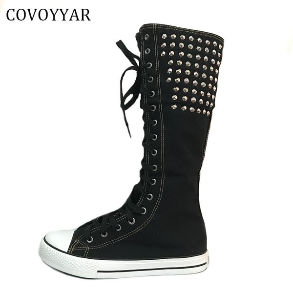 covoyyar spring autumn lace up knee high boots women punk rivet high flat canvas shoes large size 35-43 wbs181, Black
covoyyar spring autumn lace up knee high boots women punk rivet high flat canvas shoes large size 35-43 wbs181, Black