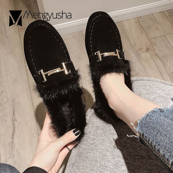 winter loafers plush shoes metal decoration soft soled moccasins sewing solid furry slip on flats women winter work shoes, Black 
winter loafers plush shoes metal decoration soft soled moccasins sewing solid furry slip on flats women winter work shoes, Black