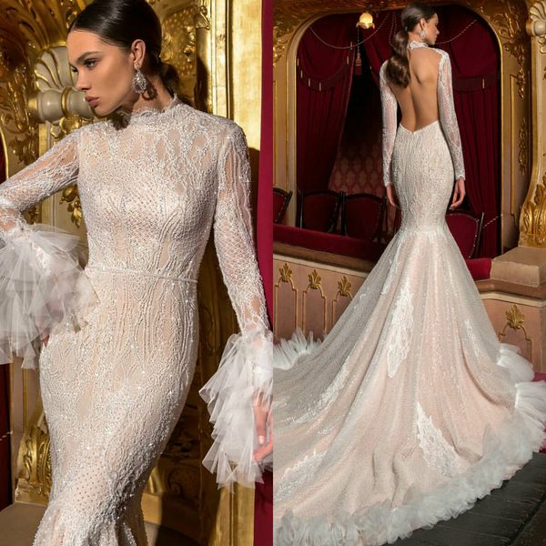 2021 elegant wedding dresses high collar long sleeves mermaid bridal gowns custom made lace applique open back sweep train wedding dress, White
2021 elegant wedding dresses high collar long sleeves mermaid bridal gowns custom made lace applique open back sweep train wedding dress, White
