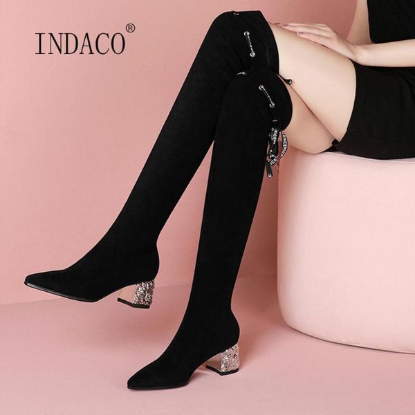2020 new women thigh high boots pointed toe black lace knee high boots for women thick heels long
