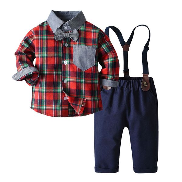 children's clothing new color matching lapel lattice long-sleeved shirt strap trousers fashion cartoon boy suit+ pants, White
children's clothing new color matching lapel lattice long-sleeved shirt strap trousers fashion cartoon boy suit+ pants, White