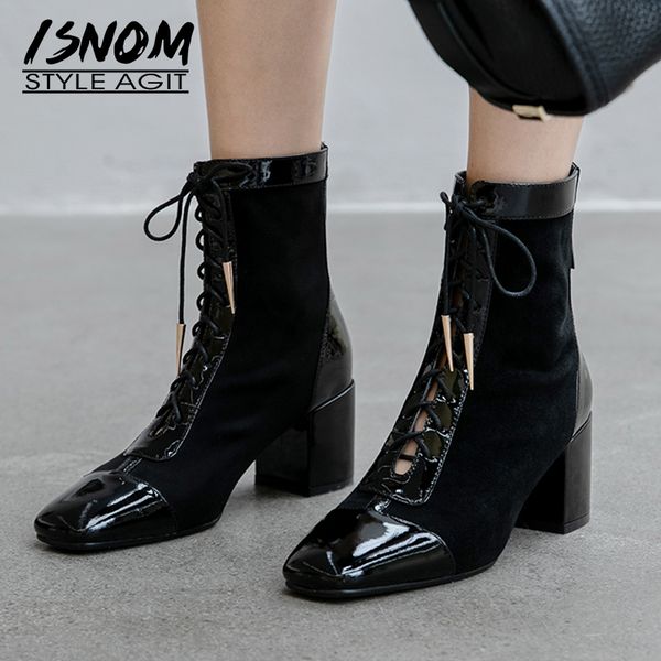 isnom high heels boots women knee high short boots square toe cow leather shoes female metal cross tied shoes ladies autumn, Black
isnom high heels boots women knee high short boots square toe cow leather shoes female metal cross tied shoes ladies autumn, Black
