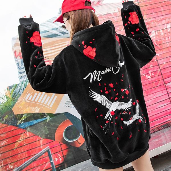 fashion brand women's double-sided velvet crane rose embroidered thickened hooded sweater autumn and winter hip hop coat pullover coat, Black
fashion brand women's double-sided velvet crane rose embroidered thickened hooded sweater autumn and winter hip hop coat pullover coat, Black
