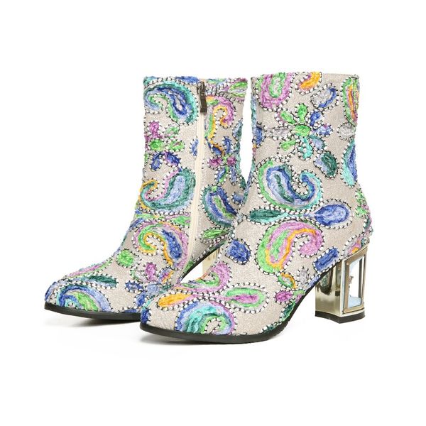 dilalula ethnic print flower women's boots mixed color crystal high strange heels brand quality booties ladies 2020 shoes woman, Black 
dilalula ethnic print flower women's boots mixed color crystal high strange heels brand quality booties ladies 2020 shoes woman, Black