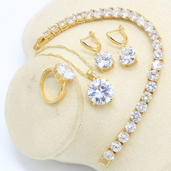 gold color jewelry set for women wedding round white zircon bracelet earrings necklace pendant ring gift box, Silver
gold color jewelry set for women wedding round white zircon bracelet earrings necklace pendant ring gift box, Silver