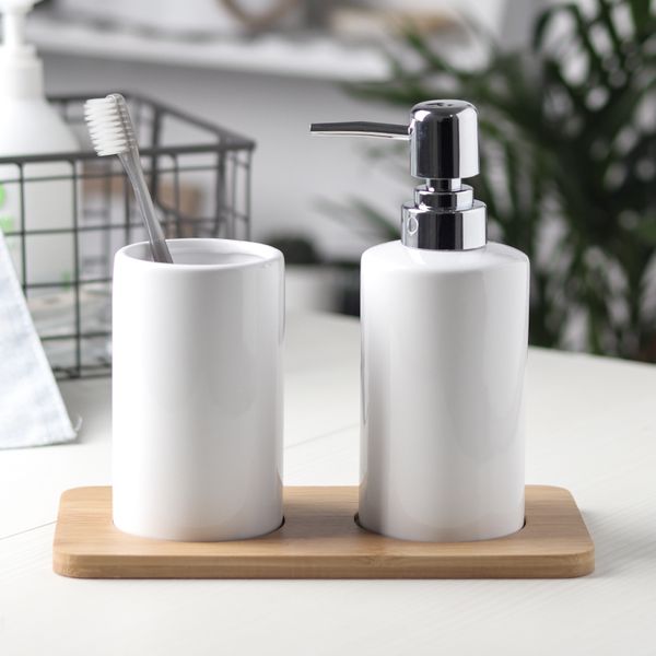 simple ceramic soap dispenser bathroom accessories set 3pcs kit wood tray toothbrush holder mouth cups black white bathroom set
simple ceramic soap dispenser bathroom accessories set 3pcs kit wood tray toothbrush holder mouth cups black white bathroom set
