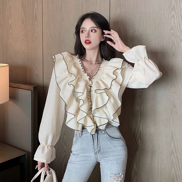 chemisiers et blouses femme women's clothing ulzzang v-neck spring fall ruffles shirts flare sleeve full fashion brand ins, White
chemisiers et blouses femme women's clothing ulzzang v-neck spring fall ruffles shirts flare sleeve full fashion brand ins, White