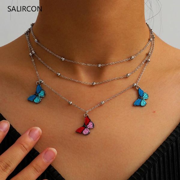 

pendant necklaces salircon fashion cute butterfly necklace for women silver color chain statement collares multi layer choker neck jewelry
