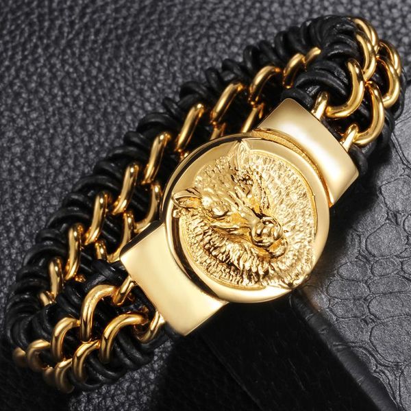 heavy men's boys biker jewelry luxury gold stainless steel black genuine leather wolf head bracelet men mens bracelets bangles, Golden;silver
heavy men's boys biker jewelry luxury gold stainless steel black genuine leather wolf head bracelet men mens bracelets bangles, Golden;silver