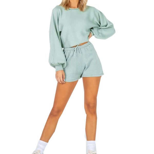 running sets 2021 fashion knitted 2 piece set tracksuit women long lantern sleeve loose sweater crop +shorts sport casual outfit homewea, Black;blue
running sets 2021 fashion knitted 2 piece set tracksuit women long lantern sleeve loose sweater crop +shorts sport casual outfit homewea, Black;blue