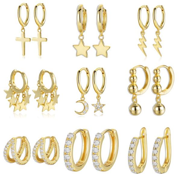 925 sterling silver earrings gold color cross moon star cz zircon small circle huggie hoop earrings for women fine jewelry, Golden;silver
925 sterling silver earrings gold color cross moon star cz zircon small circle huggie hoop earrings for women fine jewelry, Golden;silver