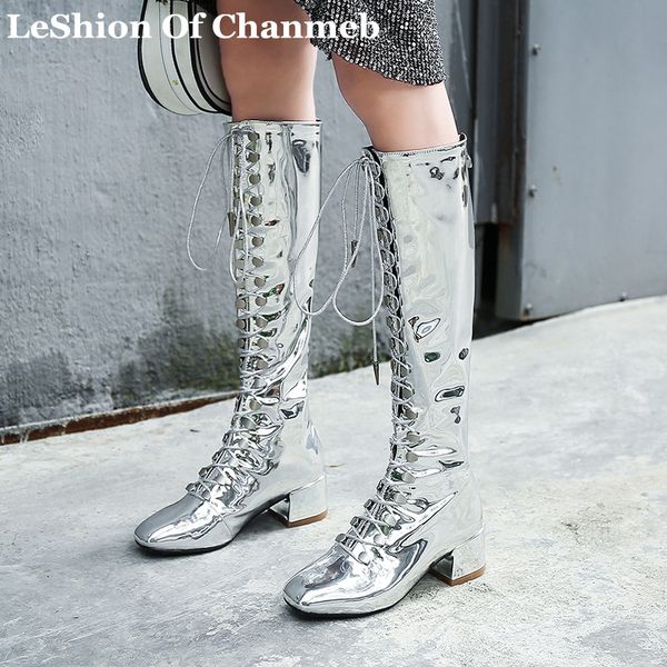 plus size 12 patent leather silver knee high boots women's lace up zipper shiny tall boots medium heels runway fashion new, Black
plus size 12 patent leather silver knee high boots women's lace up zipper shiny tall boots medium heels runway fashion new, Black