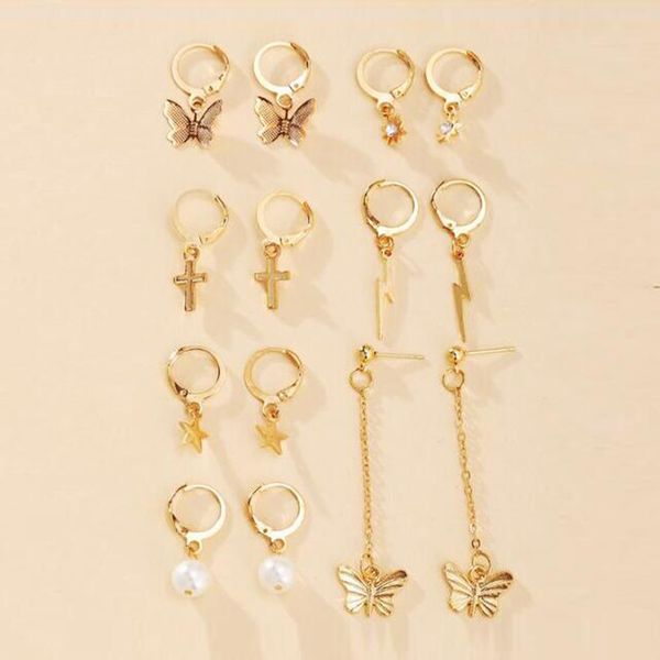 hoop & huggie 7 pairs/set geometric star cross butterfly earrings for women female mini gold earings pendants drop dangle earring jewelry, Golden;silver
hoop & huggie 7 pairs/set geometric star cross butterfly earrings for women female mini gold earings pendants drop dangle earring jewelry, Golden;silver
