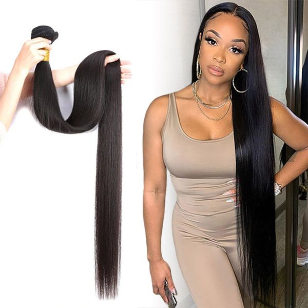 Image of 30 32 34 36 38 40 Inch Brazilian Body Wave Straight Hair Bundles 100% Human Hair Weaves Bundles Remy Hair Extensions