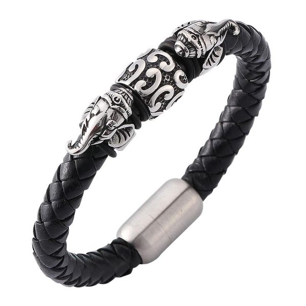 charm bracelets vintage wind elephant men's woven black leather bracelet stainless steel creative magnetic buckle 7-sp0115, Golden;silver
charm bracelets vintage wind elephant men's woven black leather bracelet stainless steel creative magnetic buckle 7-sp0115, Golden;silver