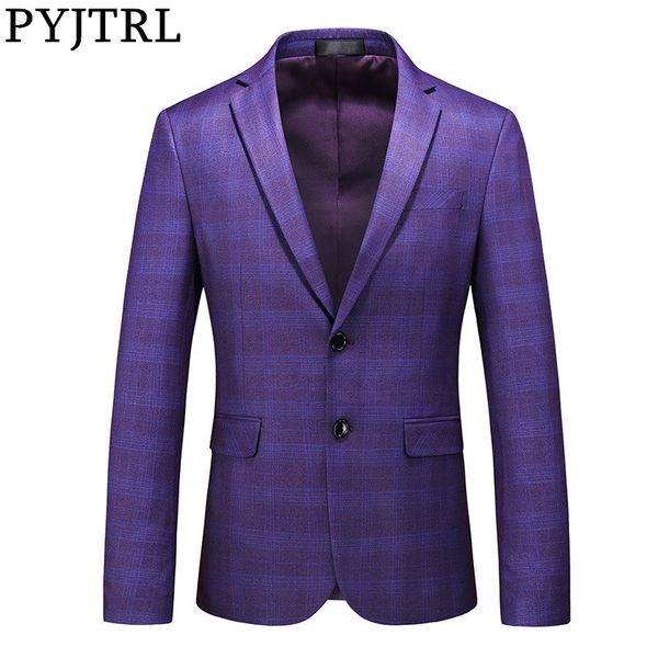 pyjtrl stylish men's purple light blue khaki plaid slim fit suit jacket fashionable plus size business casual blazers, White;black