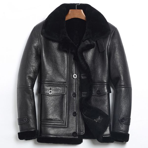 men's leather & faux genuine jacket winter sheep shearling men real coat mens flight jacket185-1 kj1078, Black 
men's leather & faux genuine jacket winter sheep shearling men real coat mens flight jacket185-1 kj1078, Black