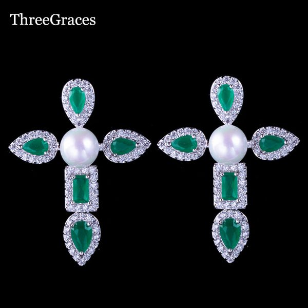 stud threegraces classic christian jewelry green cz stone silver color women long big cross earrings with pearl er106, Golden;silver
stud threegraces classic christian jewelry green cz stone silver color women long big cross earrings with pearl er106, Golden;silver