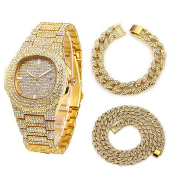 

Necklace+Watch+Bracelet Hip Hop Miami Curb Cuban Chain Gold Silver Iced Out Paved Rhinestones CZ Bling Rapper Jewelry For Men