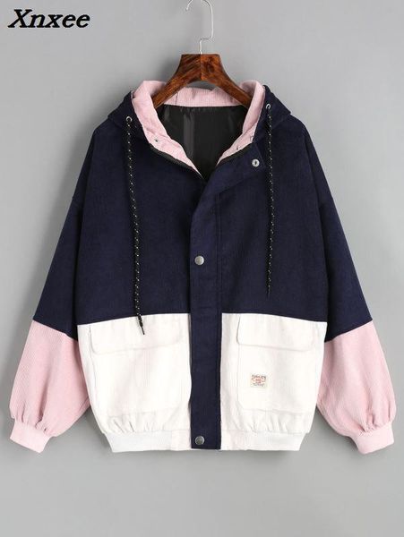 

Xnxee Winter Warm Color Block Hooded Corduroy Jacket Drawstring Hit Color Patched Pocket Thick Basic Women Coat Harajuku New