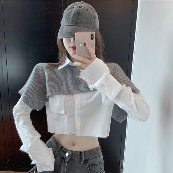 020 autumn new elegant lapel long sleeve short shirt knitted coat pullover + pullover shawl two-piece coat azz0q, Gray
020 autumn new elegant lapel long sleeve short shirt knitted coat pullover + pullover shawl two-piece coat azz0q, Gray