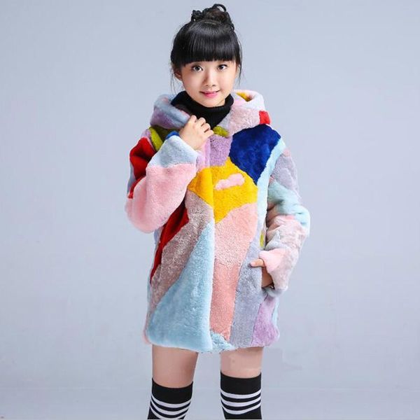 2020 winter children color blend of real fur coat kids girls boys genuine sheep shearing jacket girls warm hooded outerwear k108, Blue;gray