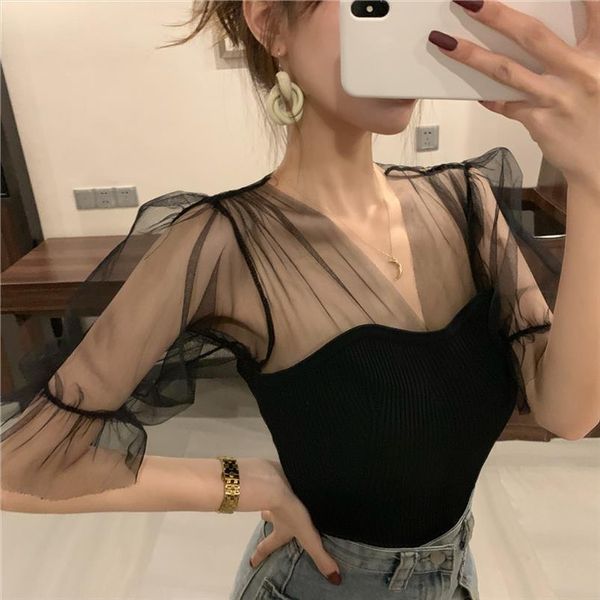 fashion new womens v neck net yarn stitching knitted shirt female girls slim puff short sleeve ruffles t shirt, White
fashion new womens v neck net yarn stitching knitted shirt female girls slim puff short sleeve ruffles t shirt, White