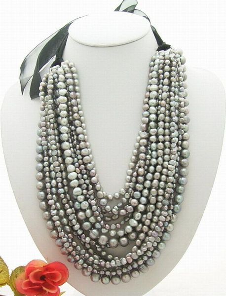 18" 15strands grey white purple pearl necklace, Silver
18" 15strands grey white purple pearl necklace, Silver